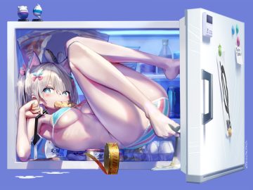 animal animal ears aqua eyes bikini bow breasts catgirl drink fish food gesoking gray hair original swimsuit underboob