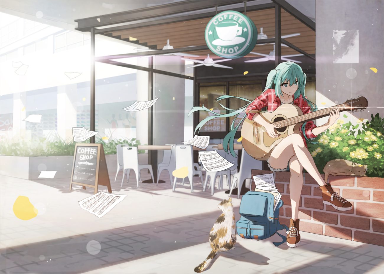 animal aqua eyes aqua hair cat guitar hatsune miku instrument long hair music paper twintails vocaloid zhenyuann