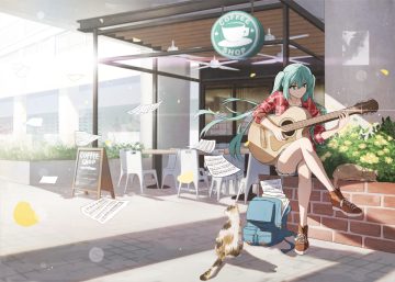 animal aqua eyes aqua hair cat guitar hatsune miku instrument long hair music paper twintails vocaloid zhenyuann