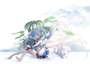 aliasing barefoot blue eyes blue hair cass-kakakuma dress hatsune miku twintails vocaloid wristwear