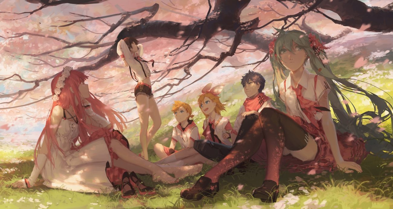 cherry blossoms flowers group hatsune miku kagamine len kagamine rin kaito male megurine luka meiko spencer sais vocaloid