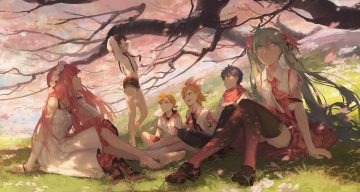 cherry blossoms flowers group hatsune miku kagamine len kagamine rin kaito male megurine luka meiko spencer sais vocaloid