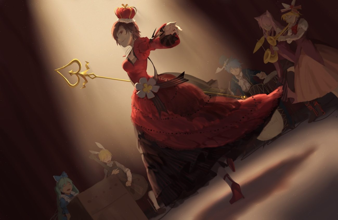 alice in wonderland cosplay crown dress drums hatsune miku instrument kagamine len kagamine rin kaito male megurine luka meiko spencer sais vocaloid