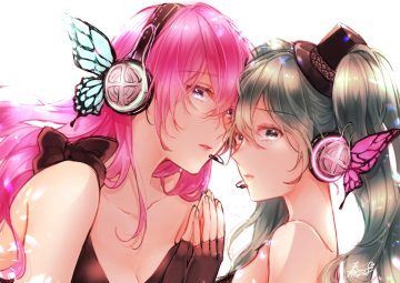 2girls close hatsune miku headphones magnet (vocaloid) megurine luka natsuhata728 shoujo ai vocaloid