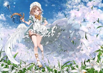 apron blush brown hair clouds dress flowers garter glasses grass headdress maid orange eyes original pointed ears short hair sky umi no mizu water