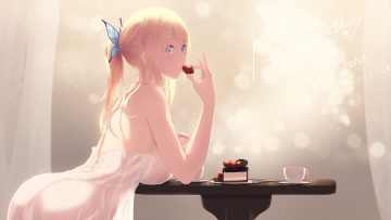 aqua eyes ass blonde hair boku wa tomodachi ga sukunai cait cake dress food fruit kashiwazaki sena long hair ponytail see through signed strawberry summer dress