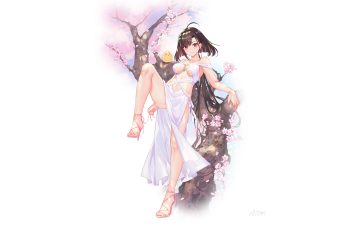animal anthropomorphism atdan azur lane bird cherry blossoms flowers independence (azur lane) long hair manjuu (azur lane) navel red eyes see through signed third-party edit tree white