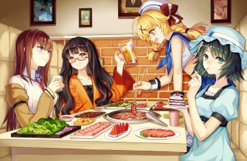 blonde hair blue eyes blush brown hair cake crossover drink food forever 7th capital fruit glasses green eyes green hair group makise kurisu mirror (xilu4) orange eyes red eyes school uniform shiina mayuri steins;gate strawberry watermelon