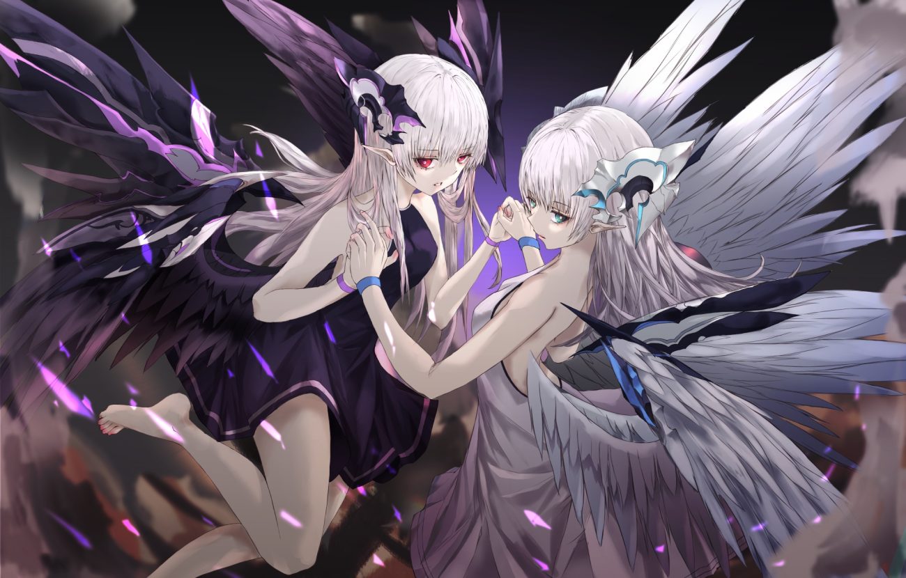 2girls aliasing barefoot dress green eyes long hair neon (pixiv31150749) original pointed ears red eyes twins white hair wings