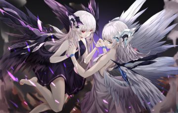 2girls aliasing barefoot dress green eyes long hair neon (pixiv31150749) original pointed ears red eyes twins white hair wings
