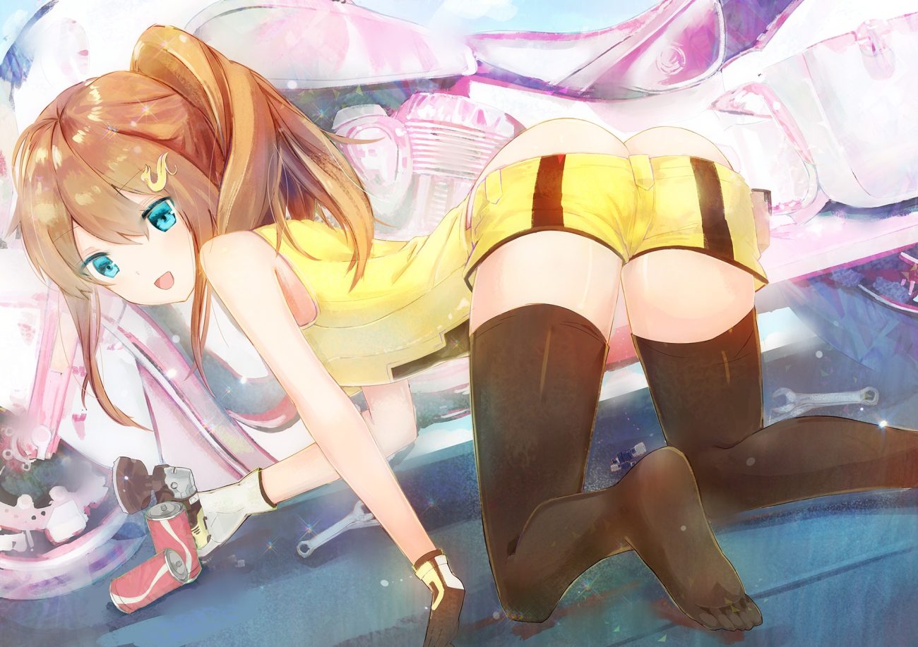 ass dedeko gloves green eyes long hair orange hair original ponytail shorts thighhighs