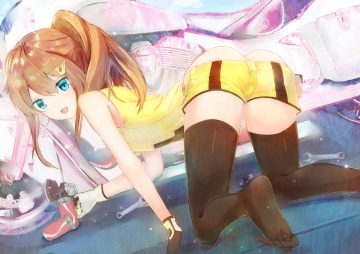 ass dedeko gloves green eyes long hair orange hair original ponytail shorts thighhighs