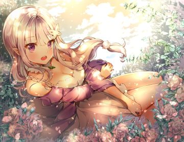 breasts cleavage dress emilia (re:zero) flowers long hair melings pointed ears purple eyes re:zero kara hajimeru isekai seikatsu white hair