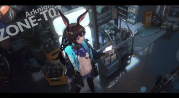 amiya (arknights) animal ears arknights blue eyes blush brown hair bunny ears bunnygirl dark ibara dance long hair pantyhose skirt watermark