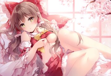 bow breasts brown hair flowers hakurei reimu japanese clothes long hair miko mochizuki shiina no bra scan shirt lift touhou underboob undressing yellow eyes