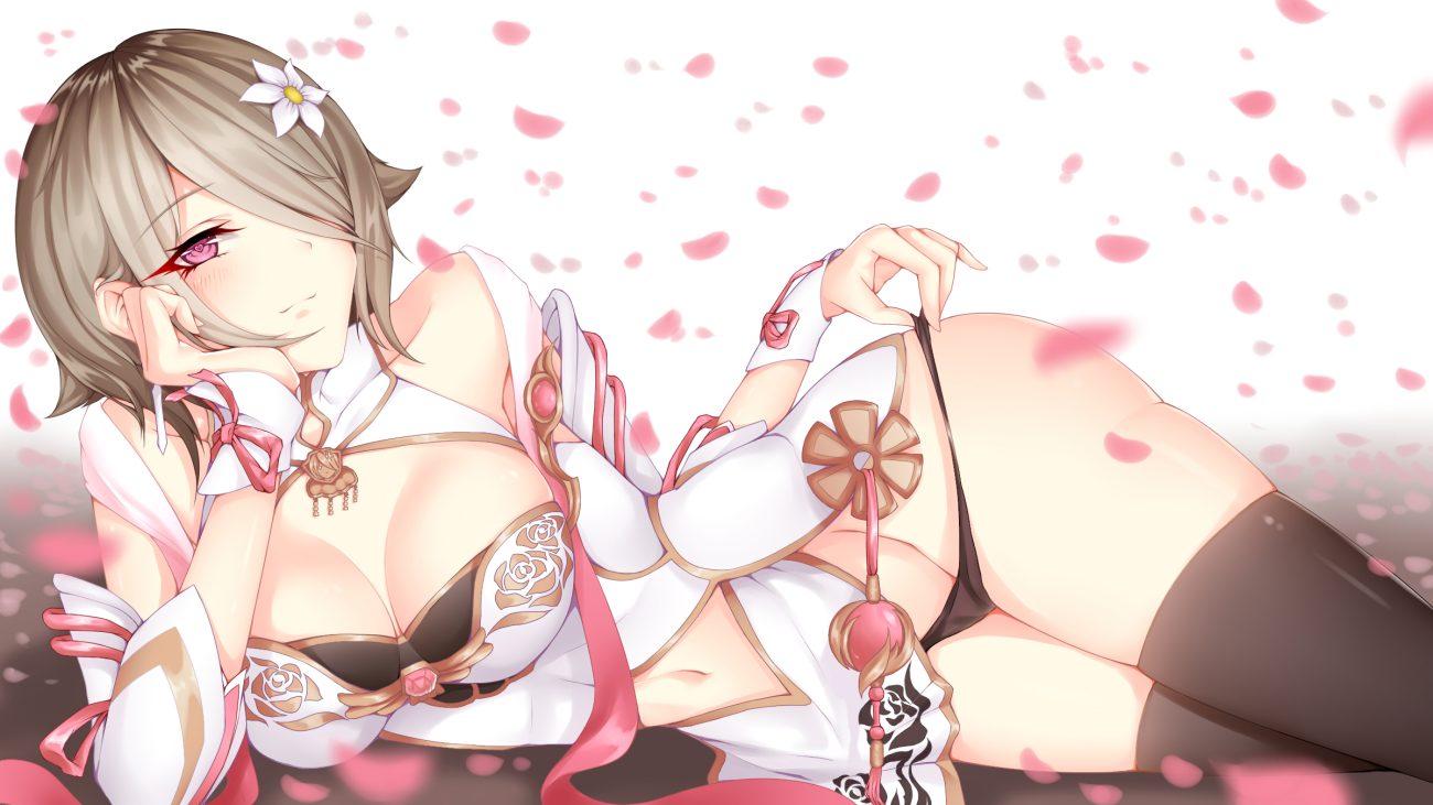 brown hair cherry blossoms flowers honkai impact honkai (series) navel panties rita rossweisse ruo zhishi chu jian short hair thighhighs underwear