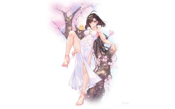animal anthropomorphism atdan azur lane bird cherry blossoms flowers independence (azur lane) long hair manjuu (azur lane) navel red eyes see through signed third-party edit tree white