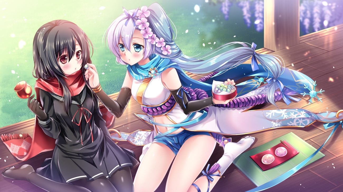 2girls apple black hair blush brown eyes candy food fruit green eyes kousetsu samonji (tenka hyakken) long hair navel pantyhose ponytail sakurano ru sayo samonji (tenka hyakken) scarf school uniform shorts skirt tenka hyakken