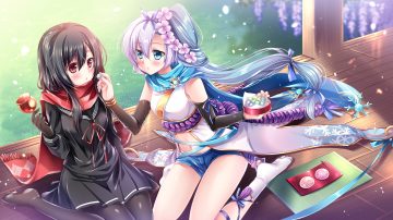 2girls apple black hair blush brown eyes candy food fruit green eyes kousetsu samonji (tenka hyakken) long hair navel pantyhose ponytail sakurano ru sayo samonji (tenka hyakken) scarf school uniform shorts skirt tenka hyakken