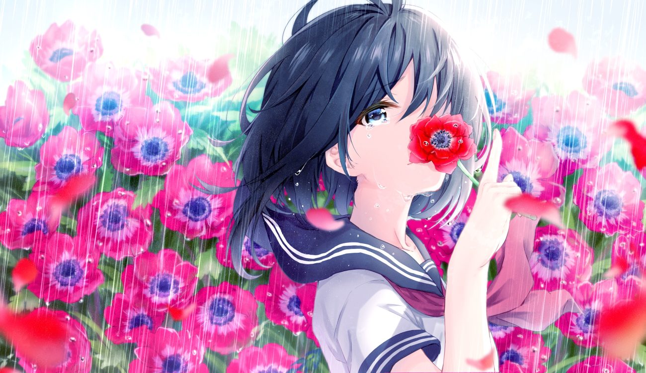 aqua eyes black hair close crying flowers haru (re ilust) original rain school uniform short hair tears water