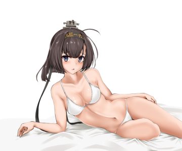 akizuki (kancolle) anthropomorphism bed bikini black hair breasts cleavage gray eyes headband kantai collection navel nn tasu short hair swimsuit white