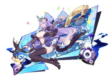 animal bird braids breasts calder cat cleavage dress green eyes hat headdress long hair navel original ponytail purple eyes staff thighhighs white wristwear