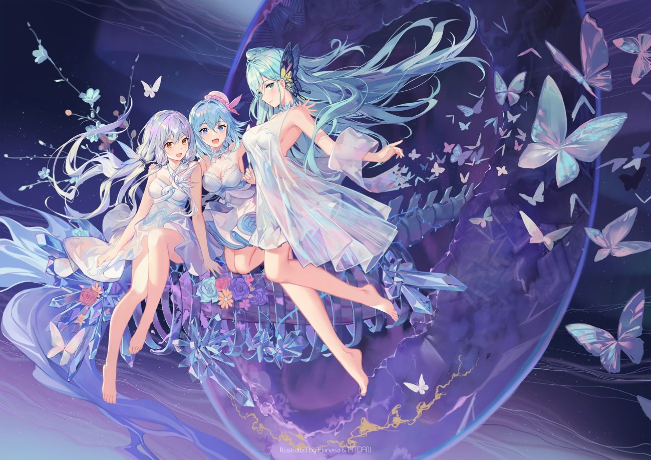 aqua eyes aqua hair atdan barefoot bones breasts butterfly cangqiong cleavage criin dress fang flowers gray hair green eyes haiyi long hair ponytail rose short hair summer dress synthesizer v twintails underwater vocaloid water watermark xingchen yellow eyes
