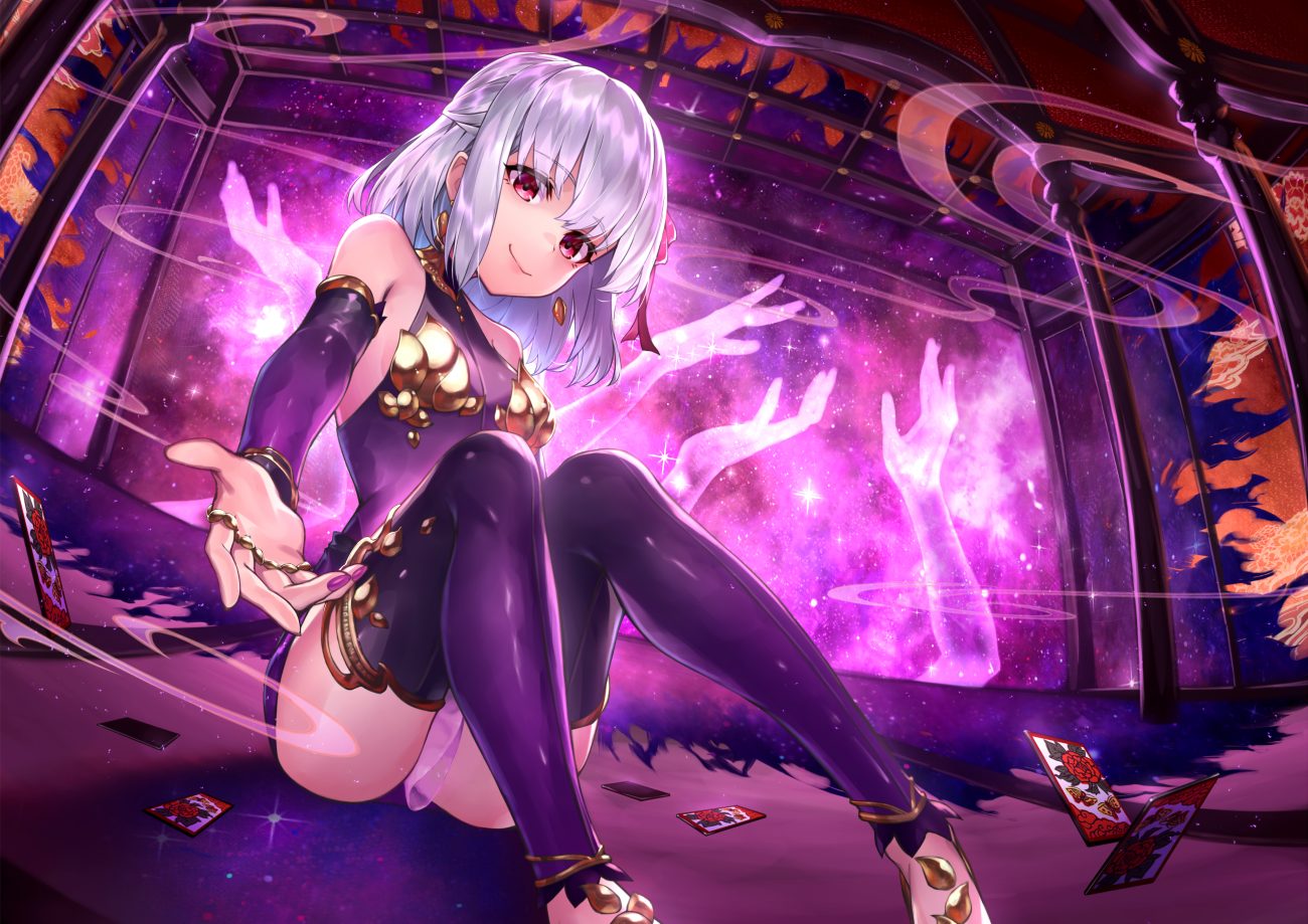 essual (layer world) fate/grand order fate (series) gray hair kama (fate/grand order) magic red eyes short hair skirt stars thighhighs