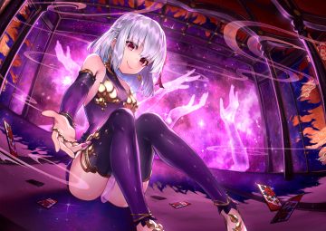essual (layer world) fate/grand order fate (series) gray hair kama (fate/grand order) magic red eyes short hair skirt stars thighhighs