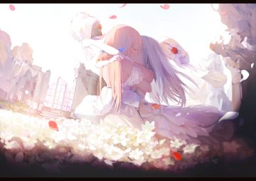 2girls anthropomorphism blonde hair braids dress elbow gloves flowers g36c (girls frontline) g36 (girls frontline) girls frontline gloves gray hair hat hug kiss long hair muike petals ruins shoujo ai wedding wedding attire