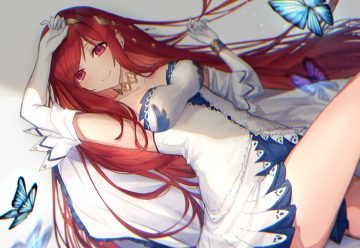 breasts butterfly choker cleavage .com dress elbow gloves gloves granblue fantasy headband henriette (shingeki no bahamut) long hair red eyes red hair shingeki no bahamut wristwear