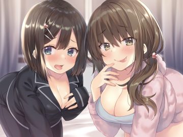 2girls black hair blue eyes blush breasts brown eyes brown hair cleavage hood kokusan moyashi long hair original pajamas ponytail short hair shorts