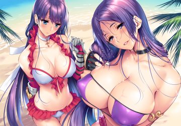2girls aqua eyes armor beach bikini blush breast hold breasts choker cleavage close cross elbow gloves erect nipples fate/grand order fate (series) garter gloves long hair minamoto no yorimitsu (fate) navel piromizu purple eyes purple hair saint martha swimsuit water