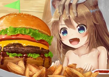animal ears blush brown hair catgirl close fang flat chest food green eyes loli long hair original psyche3313 topless wet