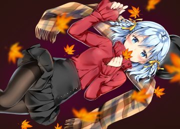 aqua eyes aqua hair autumn blush braids gradient hat leaves natsume eri original pantyhose scarf short hair skirt waifu2x