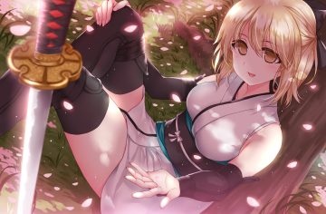 blonde hair elbow gloves fate/grand order fate (series) gloves grass japanese clothes katana morizono shiki okita souji (fate) petals shade short hair sword thighhighs tree weapon yellow eyes