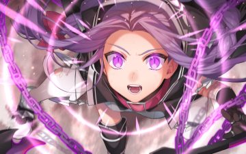 bow braids cape chain close collar elbow gloves fate/grand order fate (series) gloves long hair medusa (lily) phi luna ponytail purple eyes purple hair torn clothes