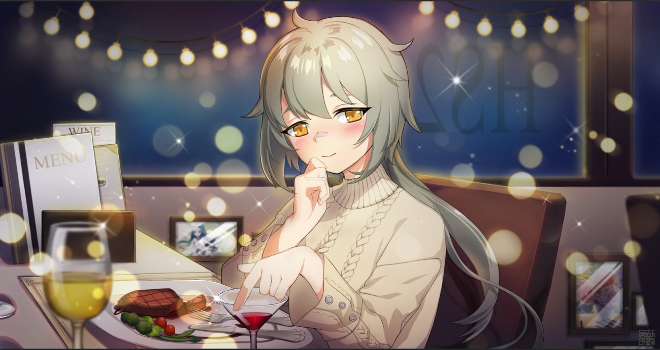 anthropomorphism bandaid blush drink food girls frontline gray hair hs2000 (girls frontline) long hair night ponytail waifu2x watermark yellow eyes yuzu-lattee