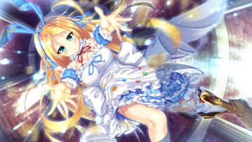 alice (gbm) apron aqua eyes arthur ishii blonde hair boots breasts cleavage dress girls book maker -shiawase no libretto- headband kneehighs lolita fashion long hair