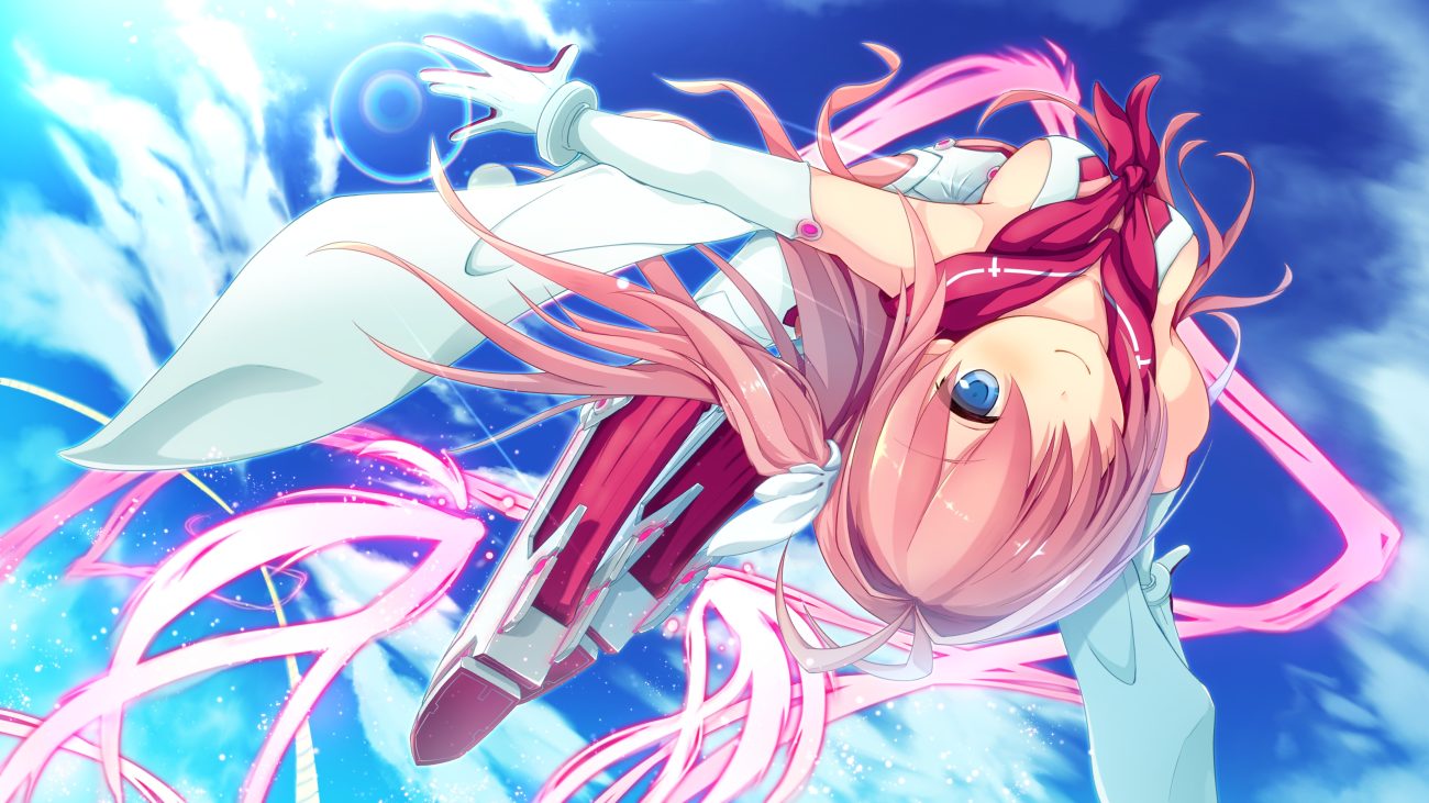ao no kanata no four rhythm arthur ishii blue eyes bodysuit boots breasts clouds elbow gloves gloves kurashina asuka long hair pink hair ponytail sideboob sky