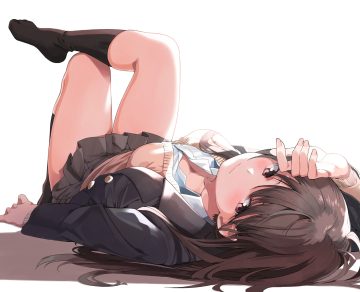 amu (258shin) blush breasts brown eyes brown hair cleavage kneehighs long hair original school uniform skirt white