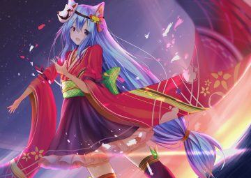 aliasing animal ears aqua hair clouds japanese clothes knoy3356 long hair mask original red eyes skirt sky sunset thighhighs water