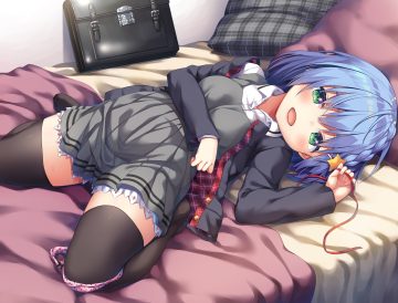 asa no ha bed blue hair blush braids green eyes original panties panty pull school uniform short hair skirt thighhighs underwear zettai ryouiki