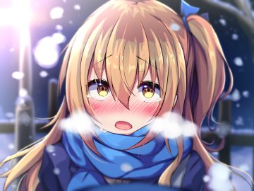 asa no ha blonde hair blush bow close original ponytail scarf snow tears tree winter yellow eyes