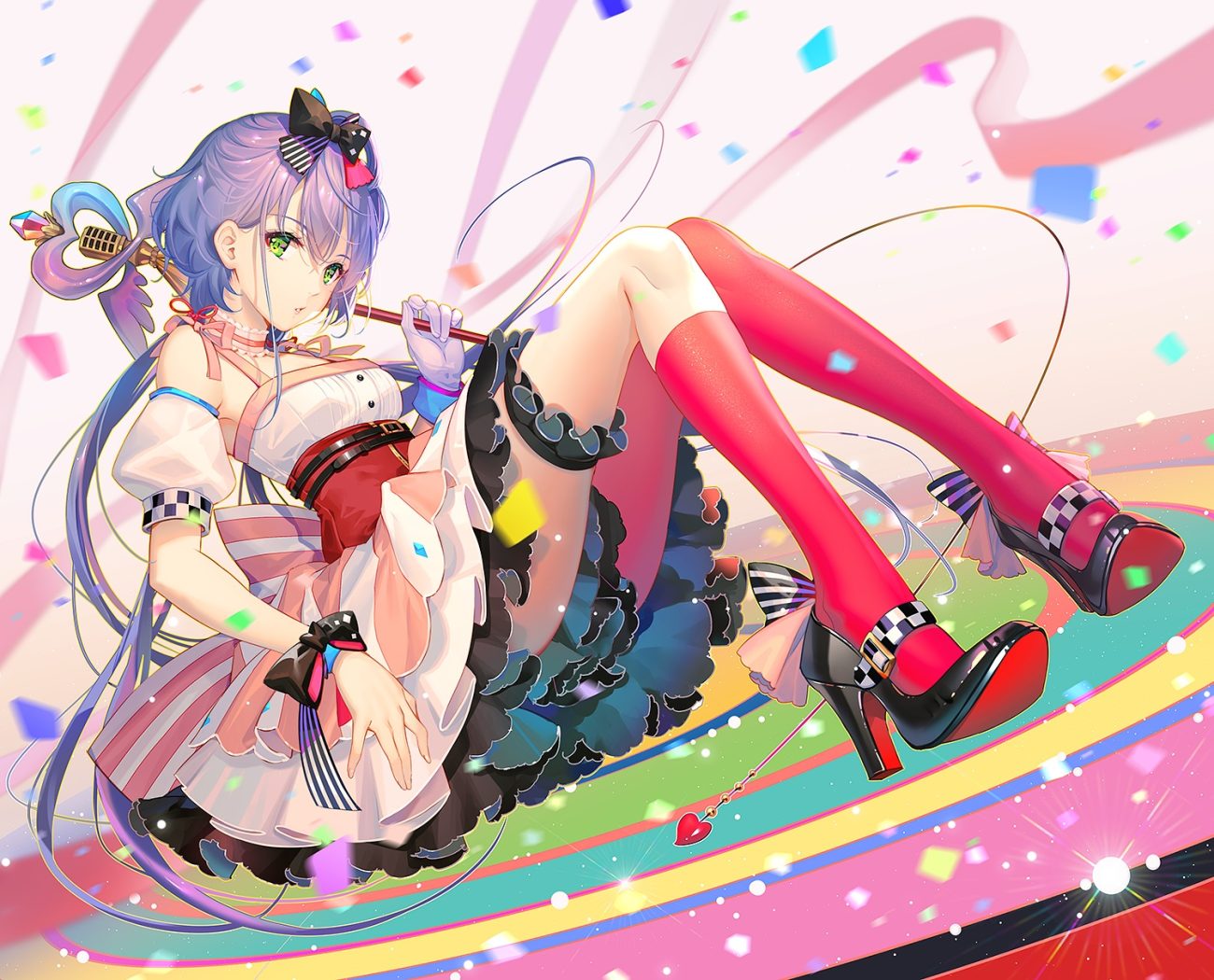 bow choker dress garter gloves green eyes long hair luo tianyi microphone purple hair tidsean vocaloid vsinger wristwear