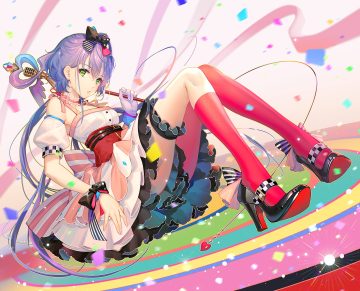 bow choker dress garter gloves green eyes long hair luo tianyi microphone purple hair tidsean vocaloid vsinger wristwear