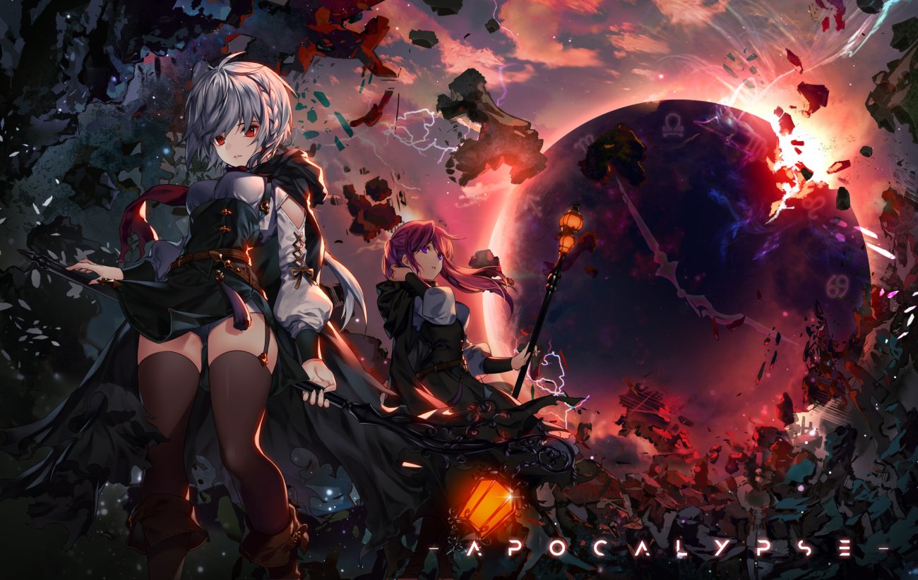 2girls black joa boots braids cape clouds garter belt gray hair hood long hair original purple eyes red eyes red hair short hair shorts sky staff stockings thighhighs uniform zettai ryouiki