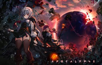 2girls black joa boots braids cape clouds garter belt gray hair hood long hair original purple eyes red eyes red hair short hair shorts sky staff stockings thighhighs uniform zettai ryouiki