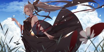 blue eyes bow breasts brown hair clouds dress flowers grass kisui (user wswf3235) long hair original petals ponytail ribbons sideboob sky
