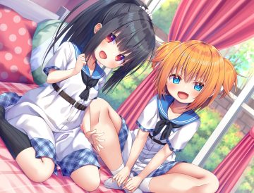 2girls aqua eyes asa no ha bed black hair dress kneehighs loli long hair orange hair original ponytail red eyes school uniform short hair socks tie twintails